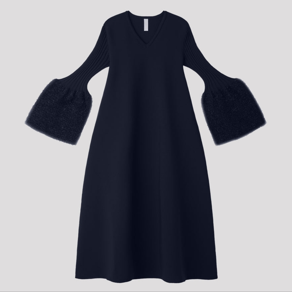 CFCL Pottery Reef Luxe Long Bell Sleeve Flare Dress Blue Sz 3 US 6 M Org $750
